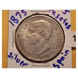 1875 Spain Silver 5 Pesetas