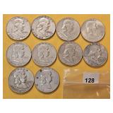 Ten Franklin Silver Half Dollars