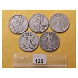 Five Walking Liberty Silver Half Dollars