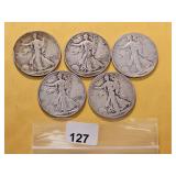 Five Walking Liberty Silver Half Dollars