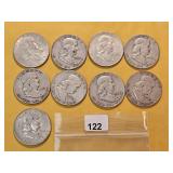 Nine Franklin Silver Half Dollars