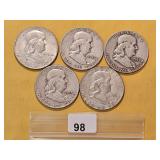 Five Franklin Silver Half Dollars