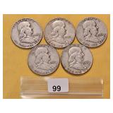 Five Franklin Silver Half Dollars