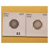 Two Circulated Capped Bust Silver Dimes