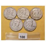 Five Franklin Silver Half Dollars