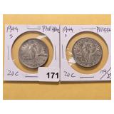 Two 1944-S Philippines Silver 20 Centavos