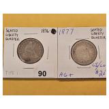Two Seated Liberty Silver Quarters
