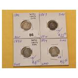 Four Circulated Seated Liberty Silver Dimes