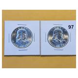 Two Gem BU 1958 Franklin Silver Half Dollars