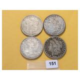Four Circulated Morgan Silver Dollars