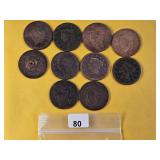 Ten Mixed Circulated US Large Cents