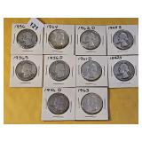 Ten Circulated Washington Silver Quarters
