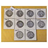 Ten Circulated Washington Silver Quarters