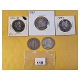 Five Circulated US Silver Quarters