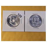 Two GEM BU 1958 Franklin Silver Half Dollars