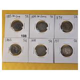 Six Circulated Liberty V Nickels