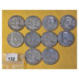 Ten Mixed Franklin Silver Half Dollars