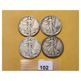Four Walking Liberty Silver Half Dollars