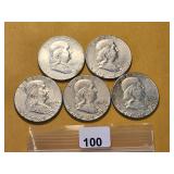 Five 1963 Franklin Silver Half Dollars