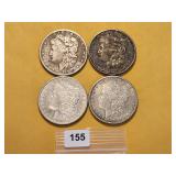 Four Circulated Morgan Silver Dollars