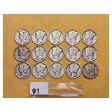 Fifteen Mercury Silver Dimes