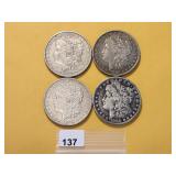 Four Circulated Morgan Silver Dollars