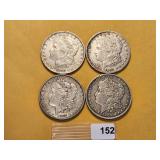 Four Circulated Morgan Silver Dollars