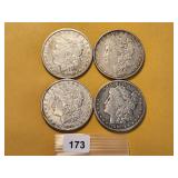 Four Circulated Morgan Silver Dollars