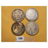 Four Circulated Morgan Silver Dollars