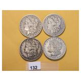 Four Circulated Morgan Silver Dollars