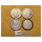 Four Circulated Morgan Silver Dollars