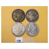 Four Circulated Morgan Silver Dollars