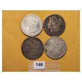 Four Circulated Morgan Silver Dollars