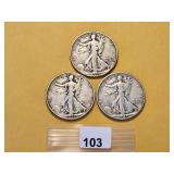 Three Walking Liberty Silver Half Dollars