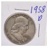 1958 D Ben Franklin Silver Half Dollar
