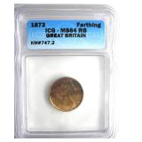 1873 Farthing ICG MS64 RB Great Britain