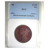 1840 Rupee NNC MS62 20 Year Old Queen Victoria