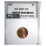 1931 Cent MS67 RD LISTS $3650
