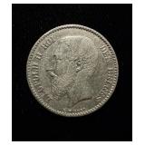 1867 Belgium 1 Franc Silver Scarce AU