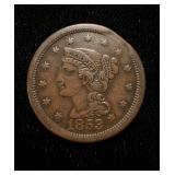 1853 Large Cent AU Clipped Planchet