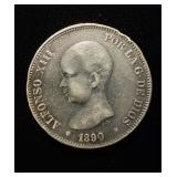 1890 Spain 5 Pesetas XF+