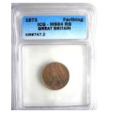 1873 Farthing ICG MS64 RB Great Britain