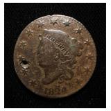 1824 Large Cent Scarce Date Obv Damage