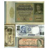 12 Vintage Bank Notes Canada Philippines Germany