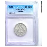 1915 20 Kopeks ICG MS67 Y#22A.2 Russia