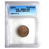 1873 Farthing ICG MS64 RB Great Britain
