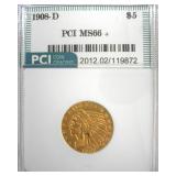 1908-D Gold $5 MS66+ Lists $75000