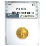 1857 Gold $3 MS65 LISTS $50000 Dripping Luster
