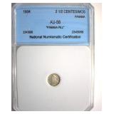 1904 2 Half Centesimos NNC AU58 'Panama Pill'