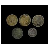 1857 1858 1861 1863 1907 Cents & Dime 5 Pc Lot
